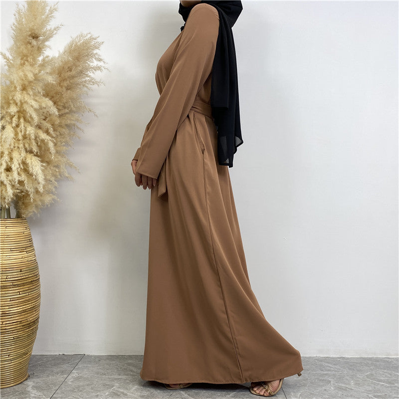 Women's Plain Lace-up Pocket Abaya Dress