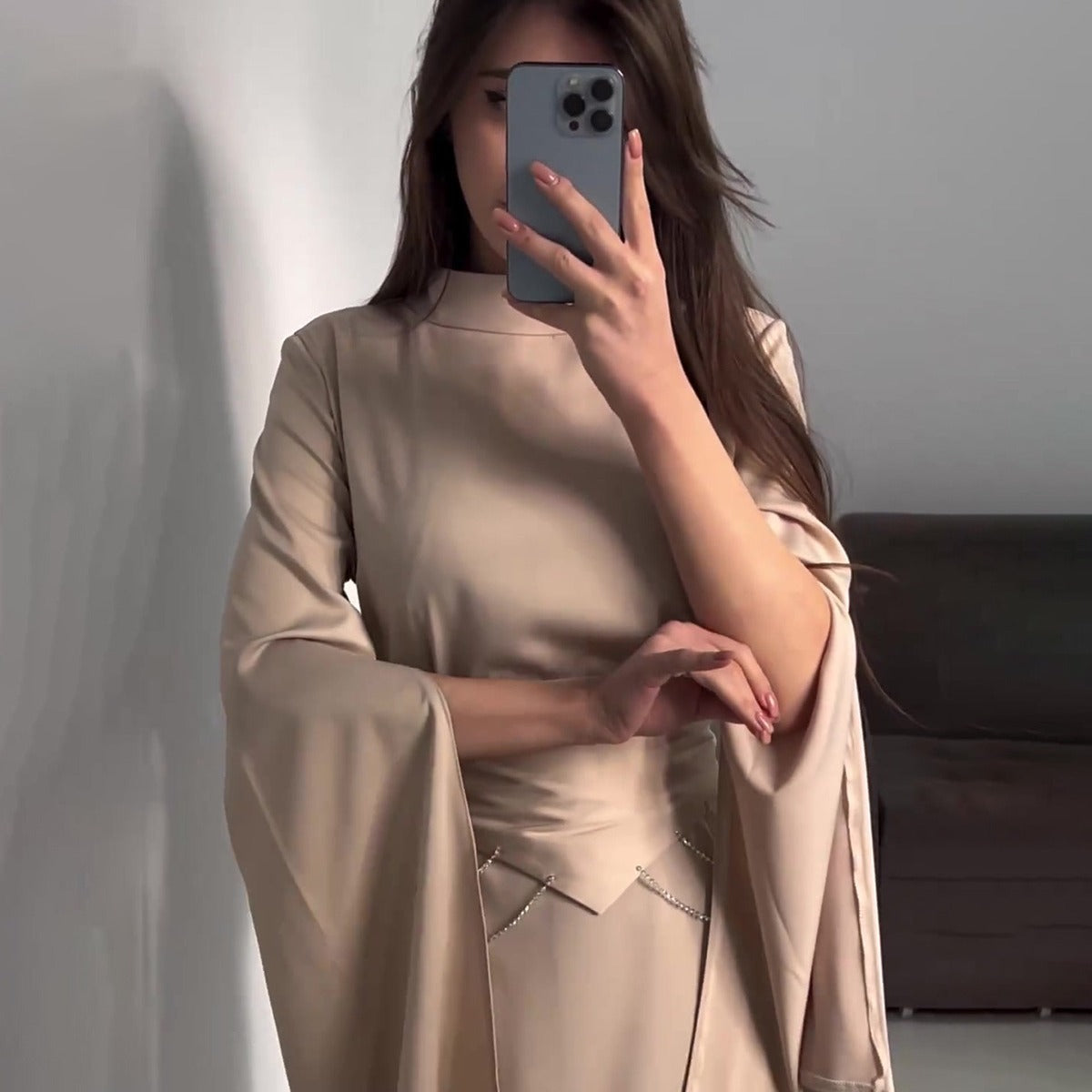Satin Diamante Chain Waistband Sleeve Split Maxi Dresses