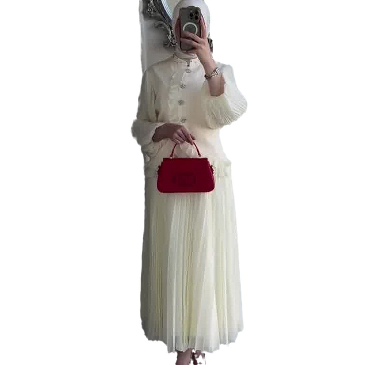 Fungus-trimmed Subpleated Loose Skirt Set