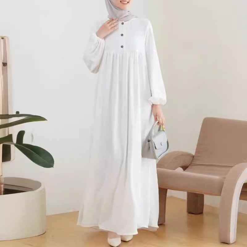 Women's Bubble Sleeves Loose Plain Modest Dress