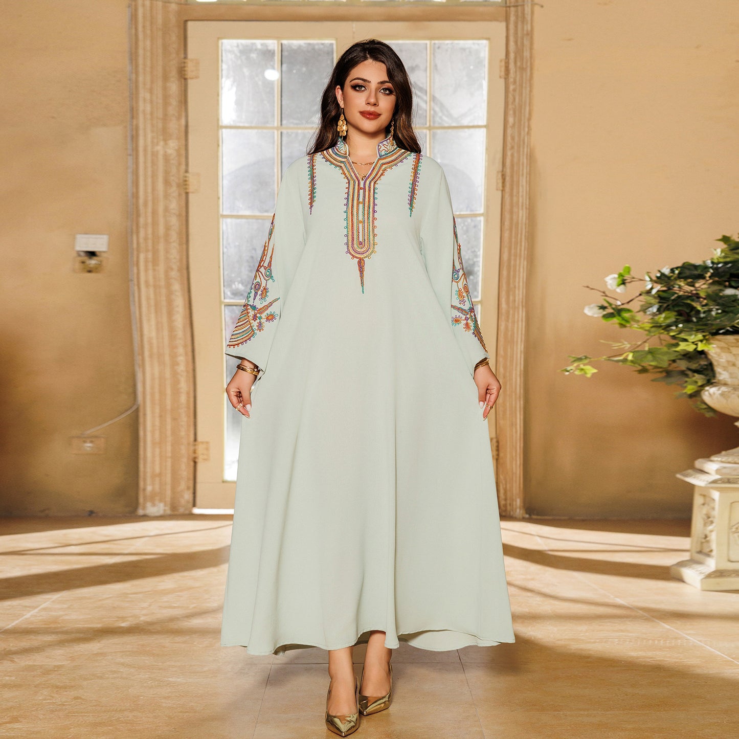 Women's Embroidered Rope Pullover Dress - LightGreen