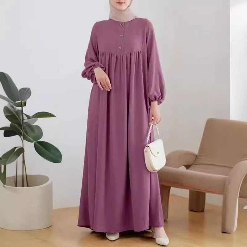 Women's Bubble Sleeves Loose Plain Modest Dress