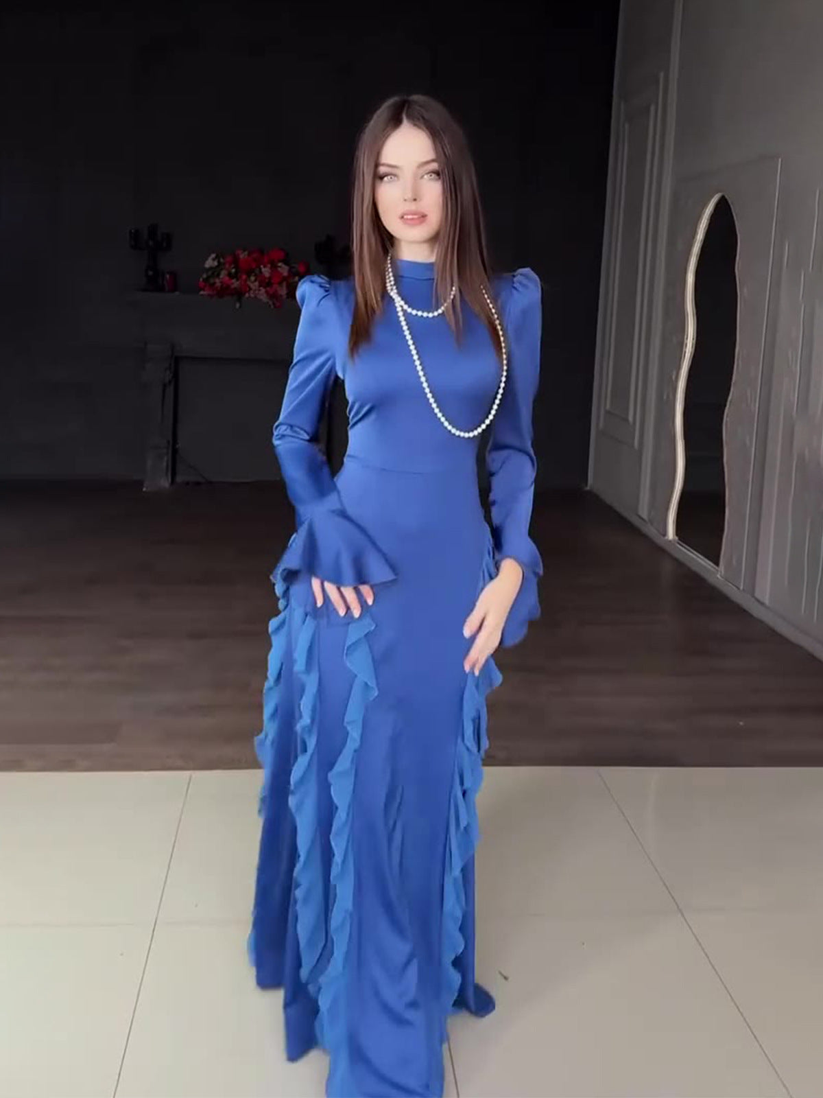 Chiffon Panelled Half-neck Lace-up Dress