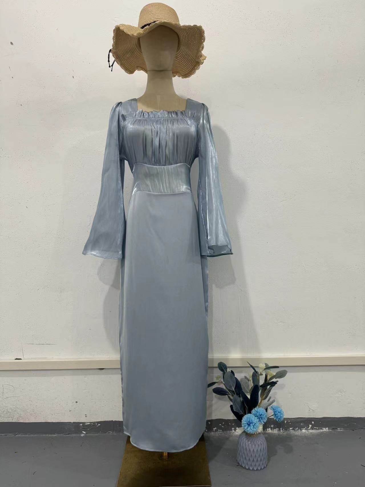Square Neckline Panelled Pleated Dress