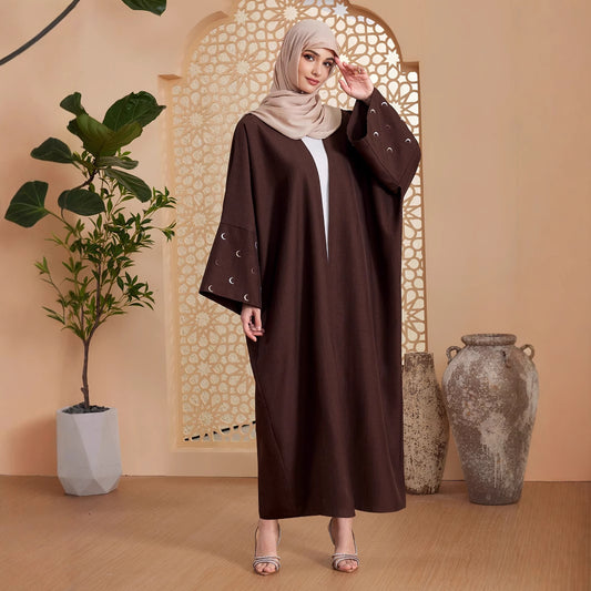 Solid Open Abaya with Moon Emboridery Cuff