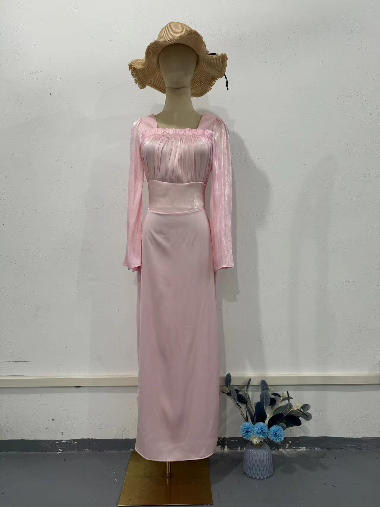 Square Neckline Panelled Pleated Dress