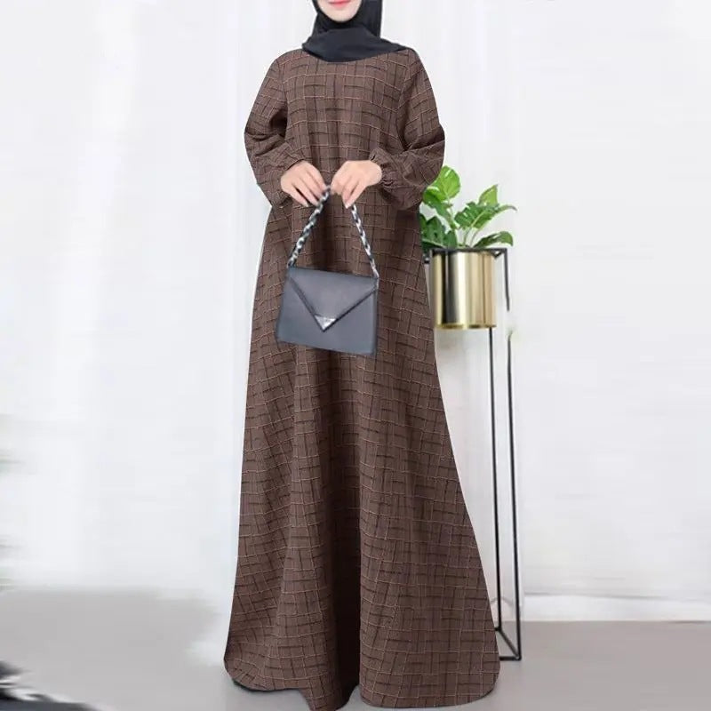 Women's Plaid Crewneck Modest Dress - Coffee