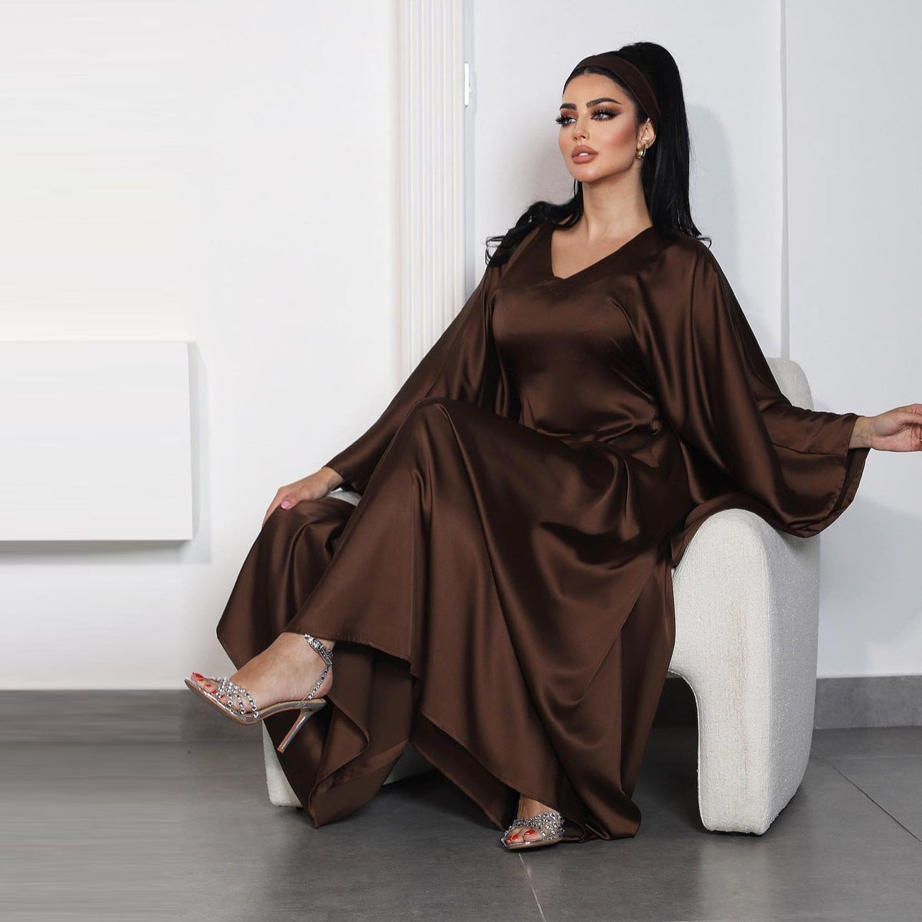 Elegant Muslim Women's Beautiful Coffee Abaya Dress