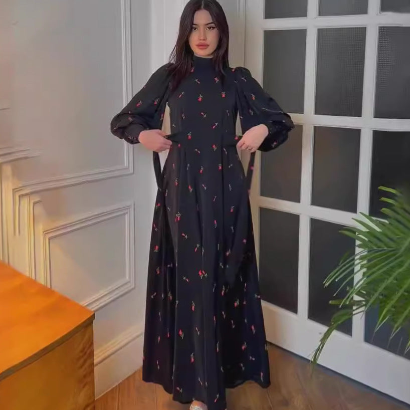 Loose-fitting Lace-up Printed Satin Dress