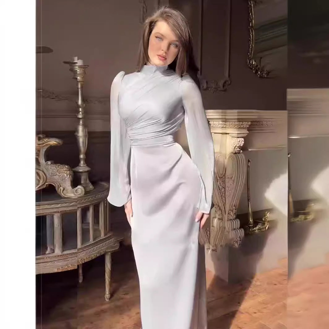 Half-high Neck Flared Sleeve Waist-cinching Hip Dress