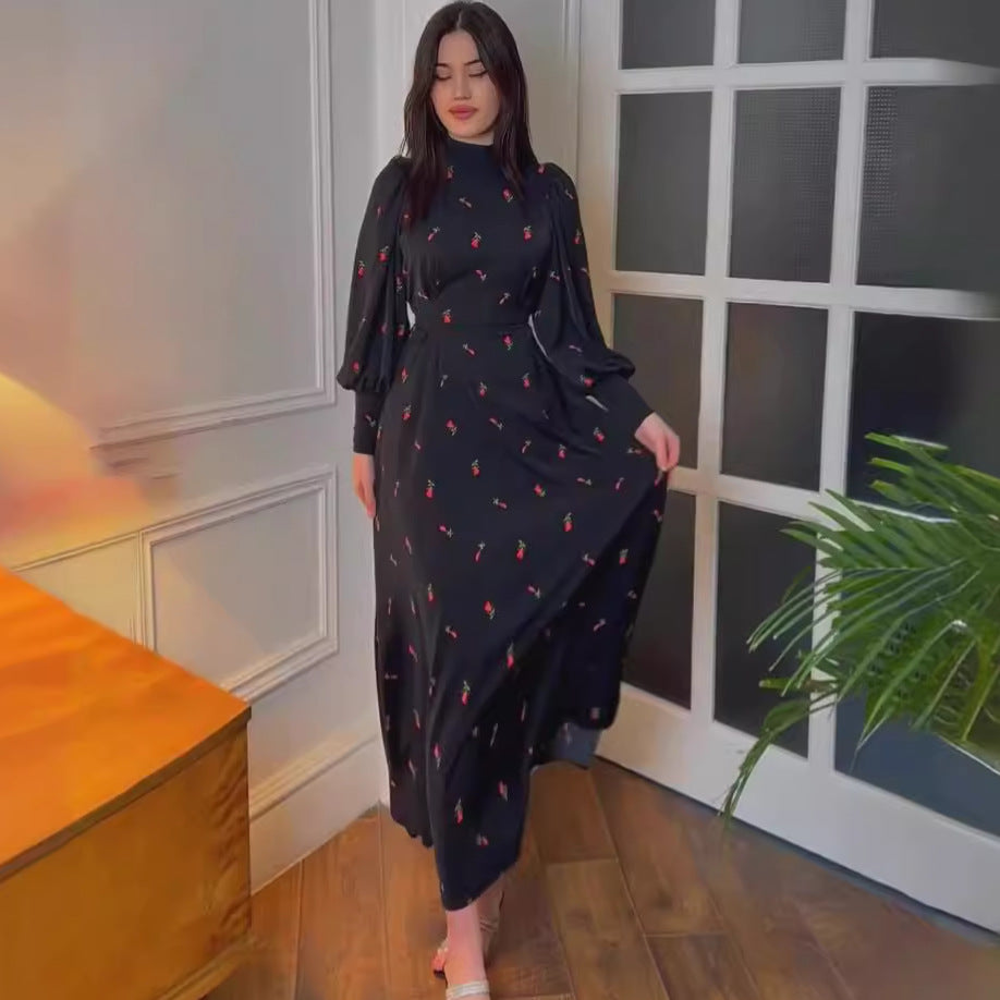 Loose-fitting Lace-up Printed Satin Dress