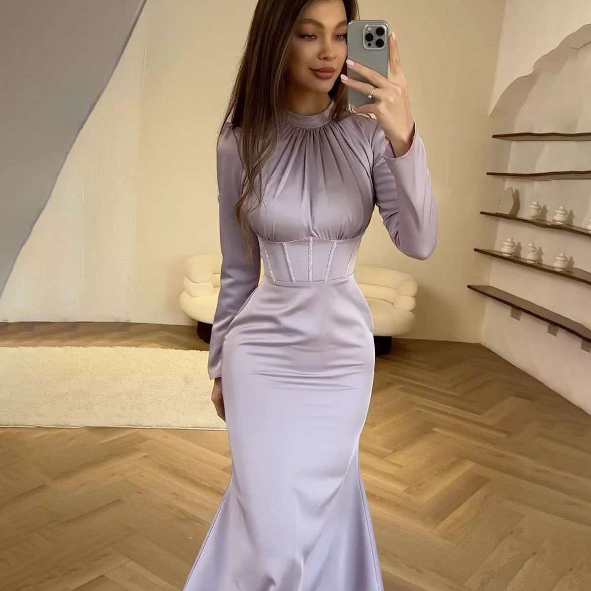 Slim Long-sleeved Pleated Tie Irregular Dress