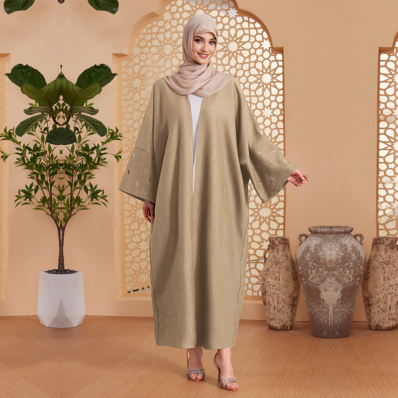 Solid Open Abaya with Moon Emboridery Cuff