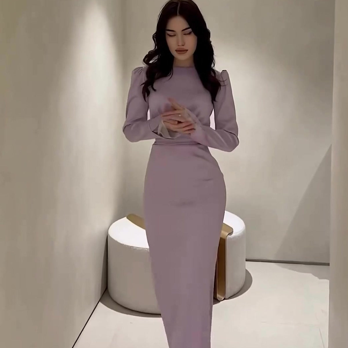 Pleated Waist-cinching Long-sleeved Dress