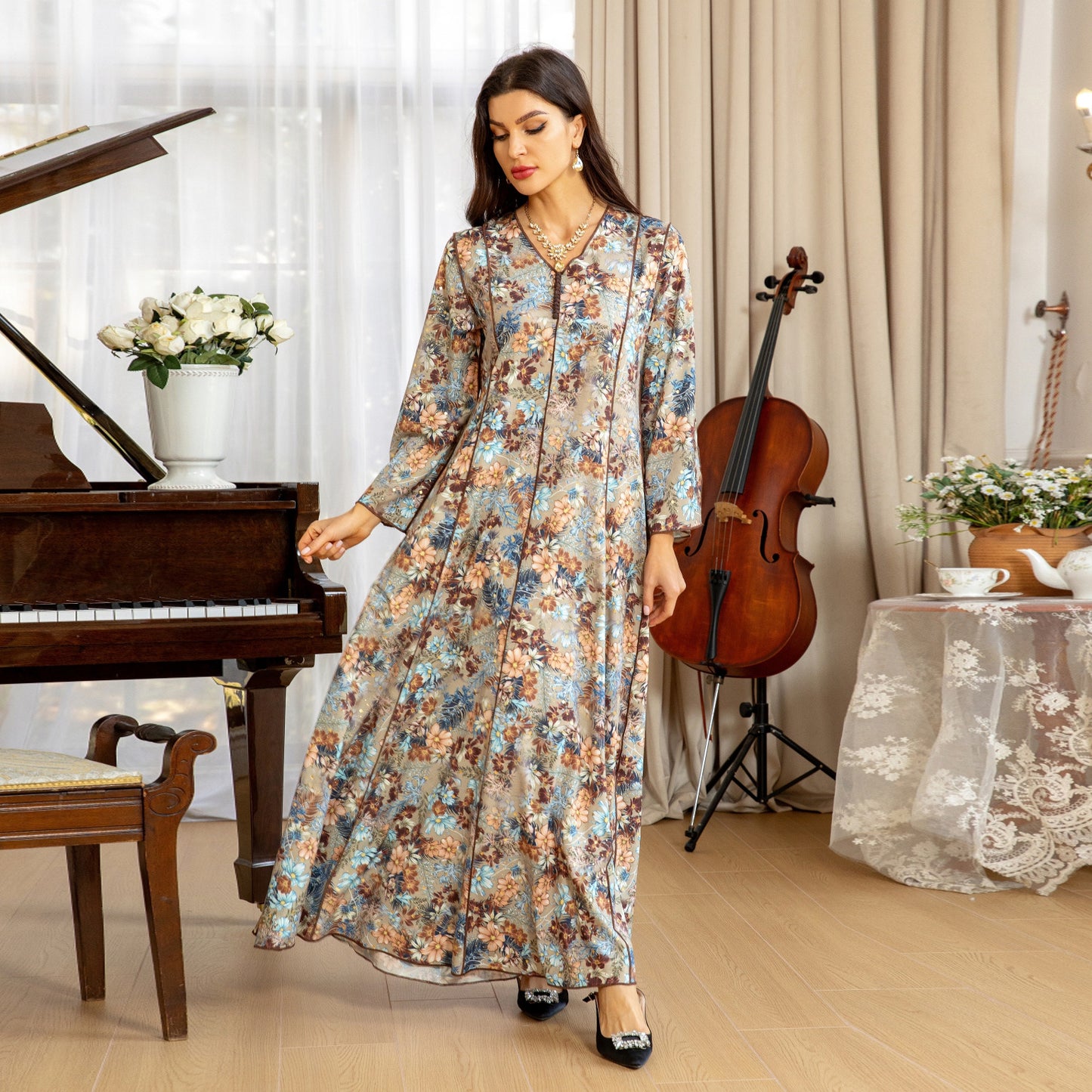 Elegant Floral Muslim Dress - Khaki