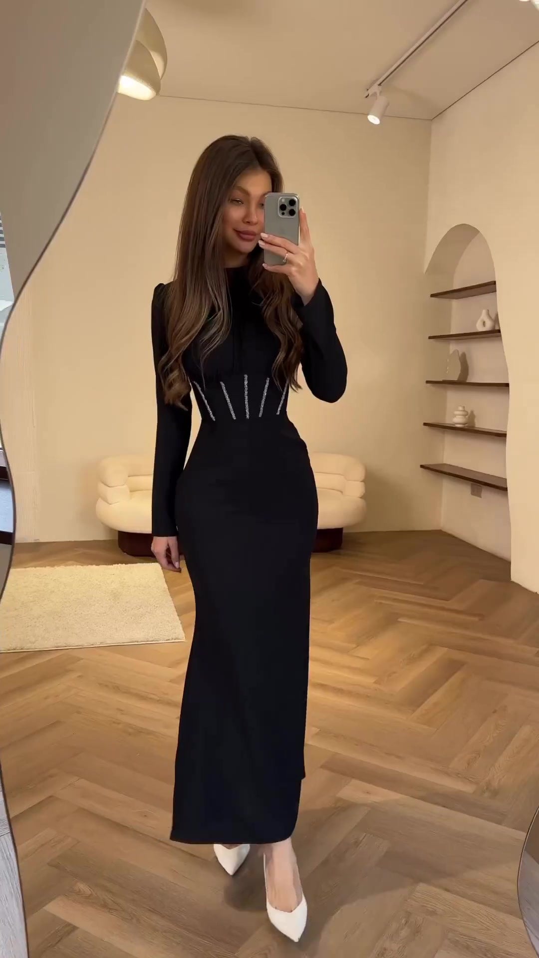 Slim Long-sleeved Pleated Tie Irregular Dress