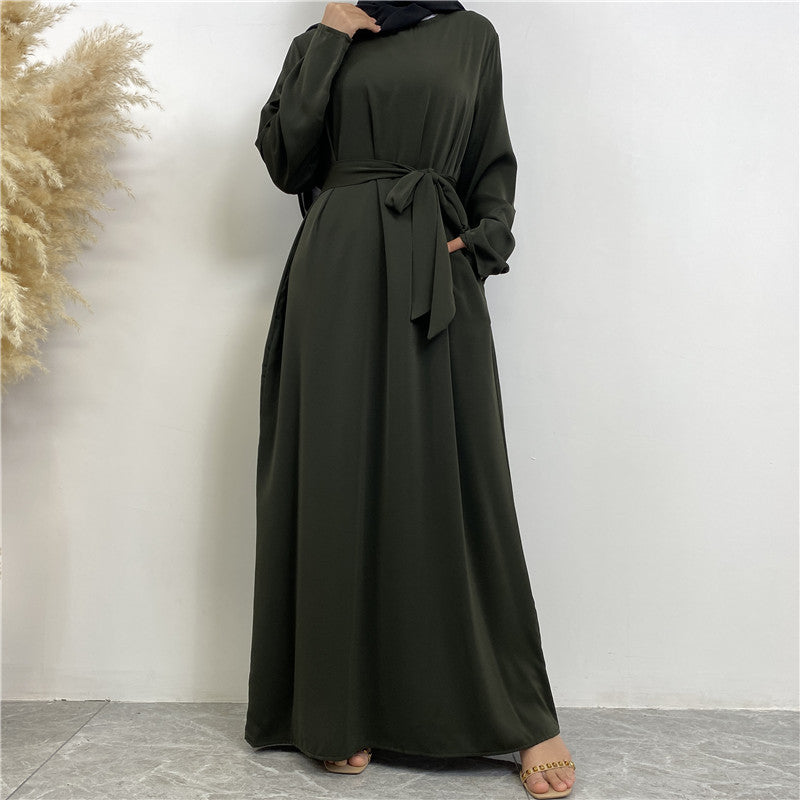 Women's Plain Lace-up Pocket Abaya Dress