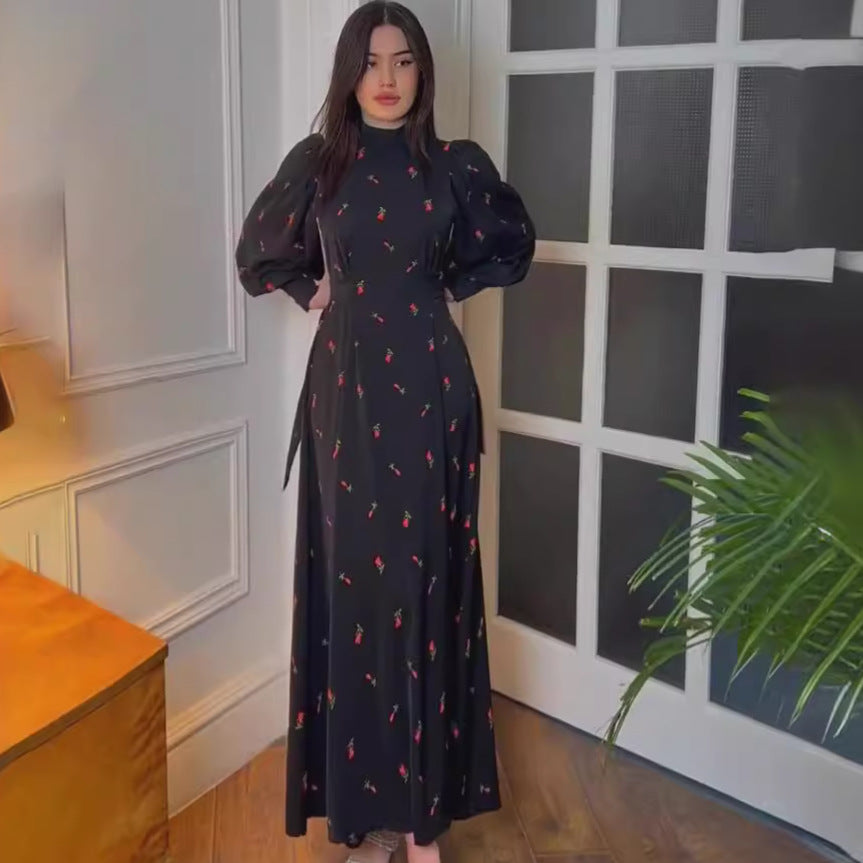 Loose-fitting Lace-up Printed Satin Dress
