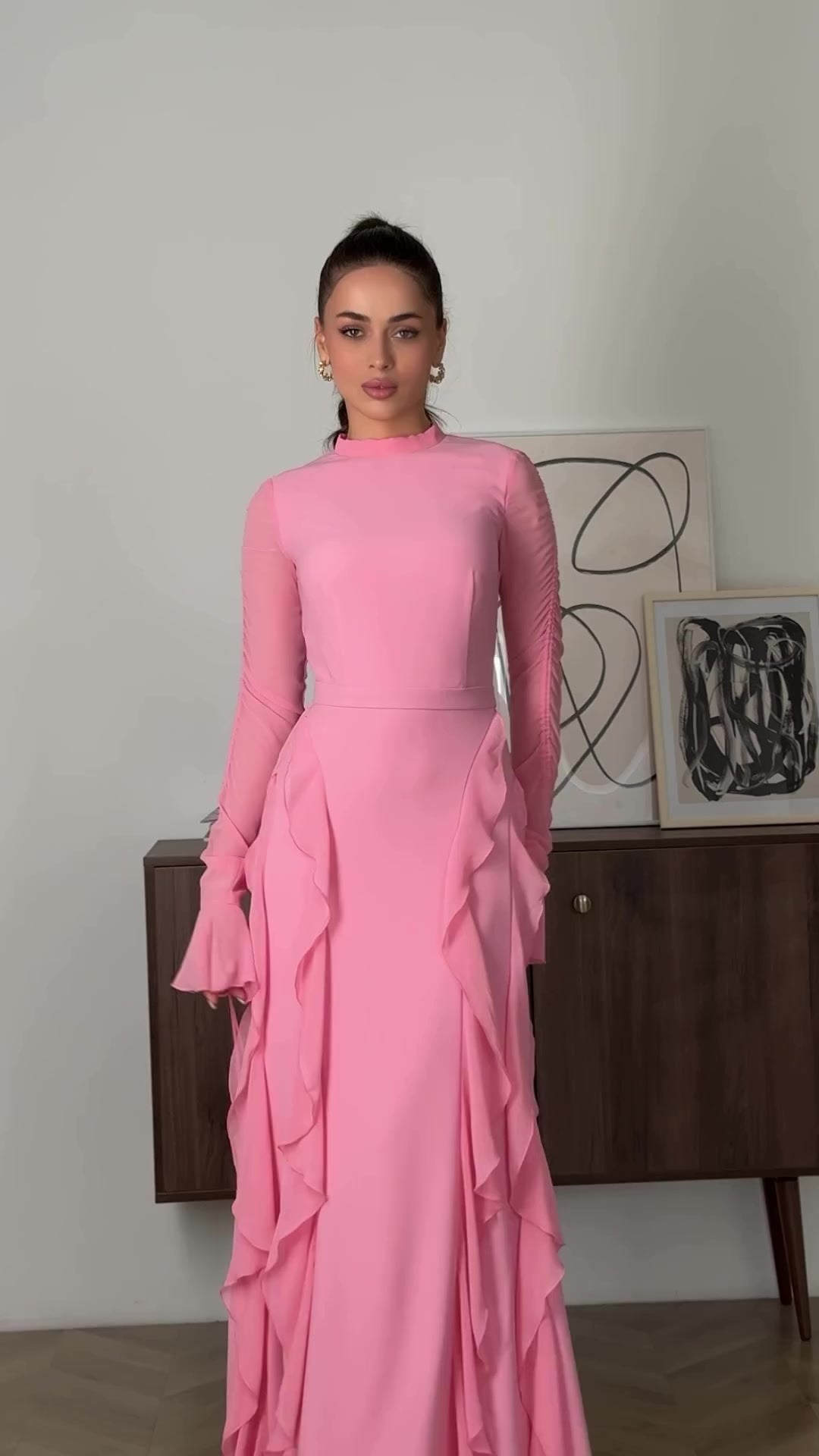 Ruffled Panels Chiffon Half-neck Dress