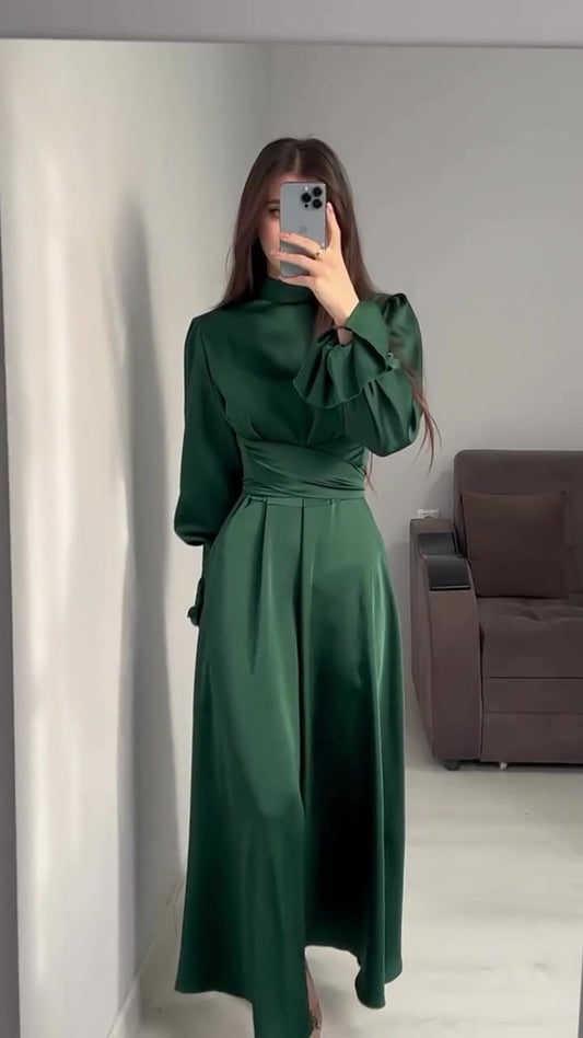 Long-sleeved Tunic Puff Sleeve Solid Color Dress