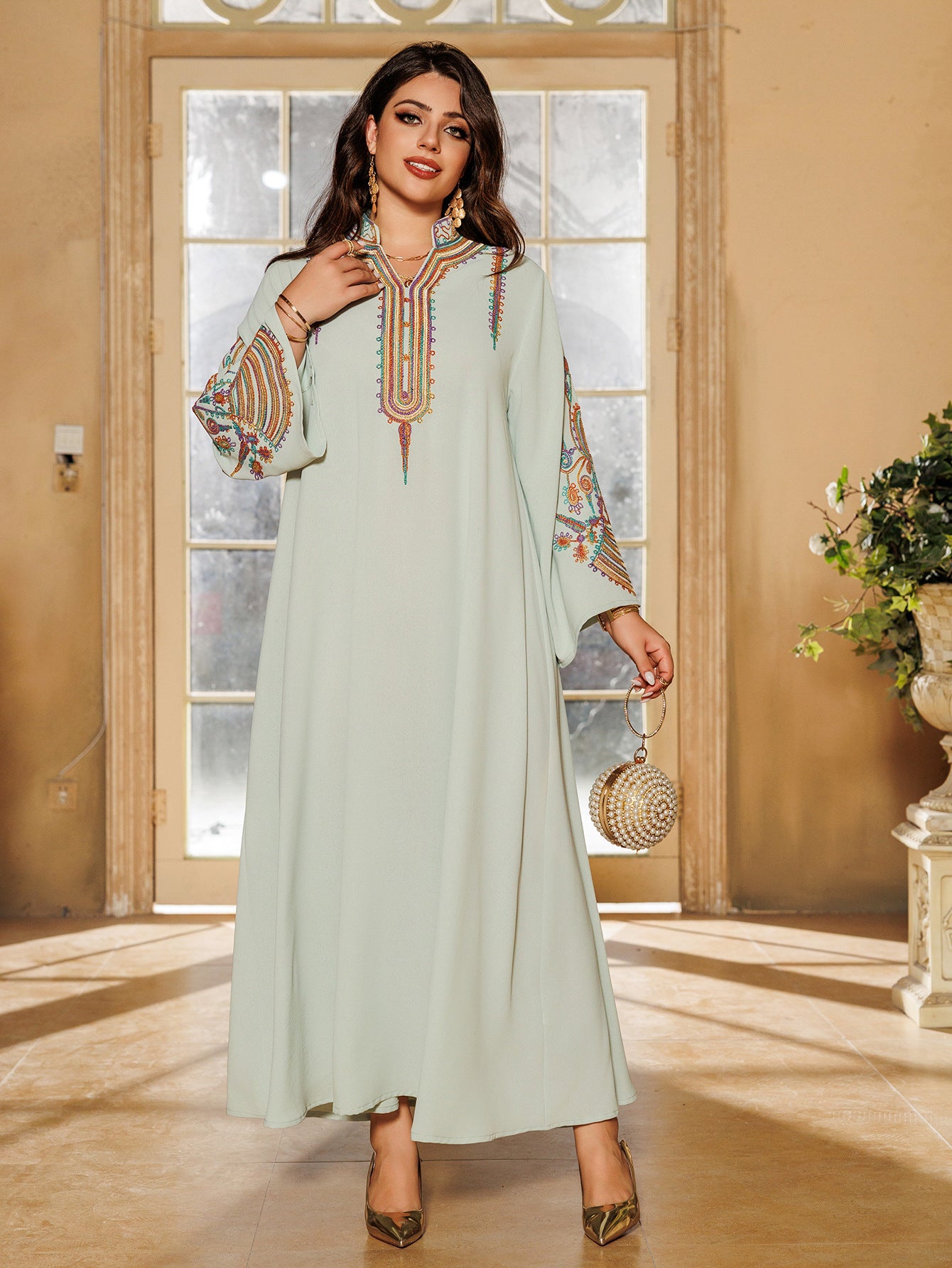 Women's Embroidered Rope Pullover Dress - LightGreen