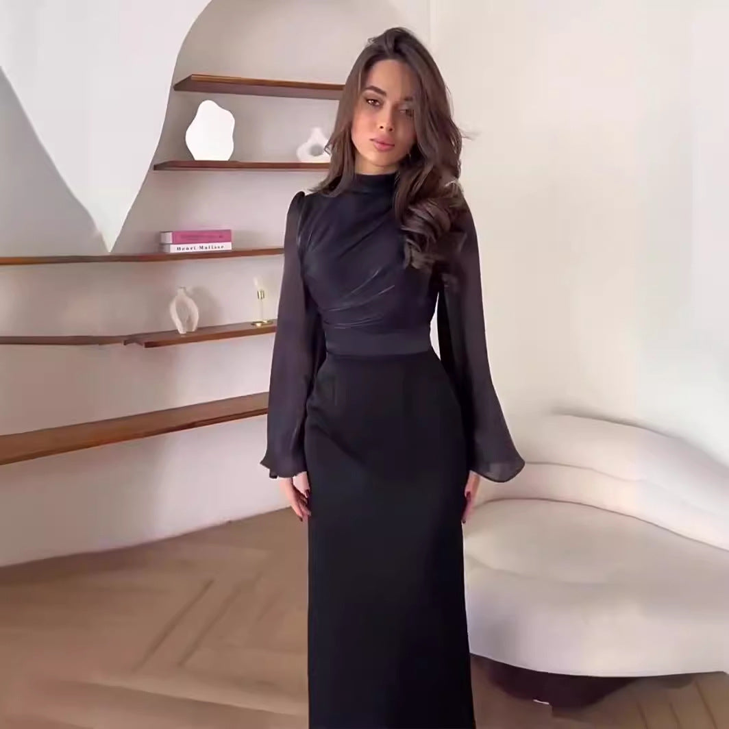 Half-high Neck Flared Sleeve Waist-cinching Hip Dress