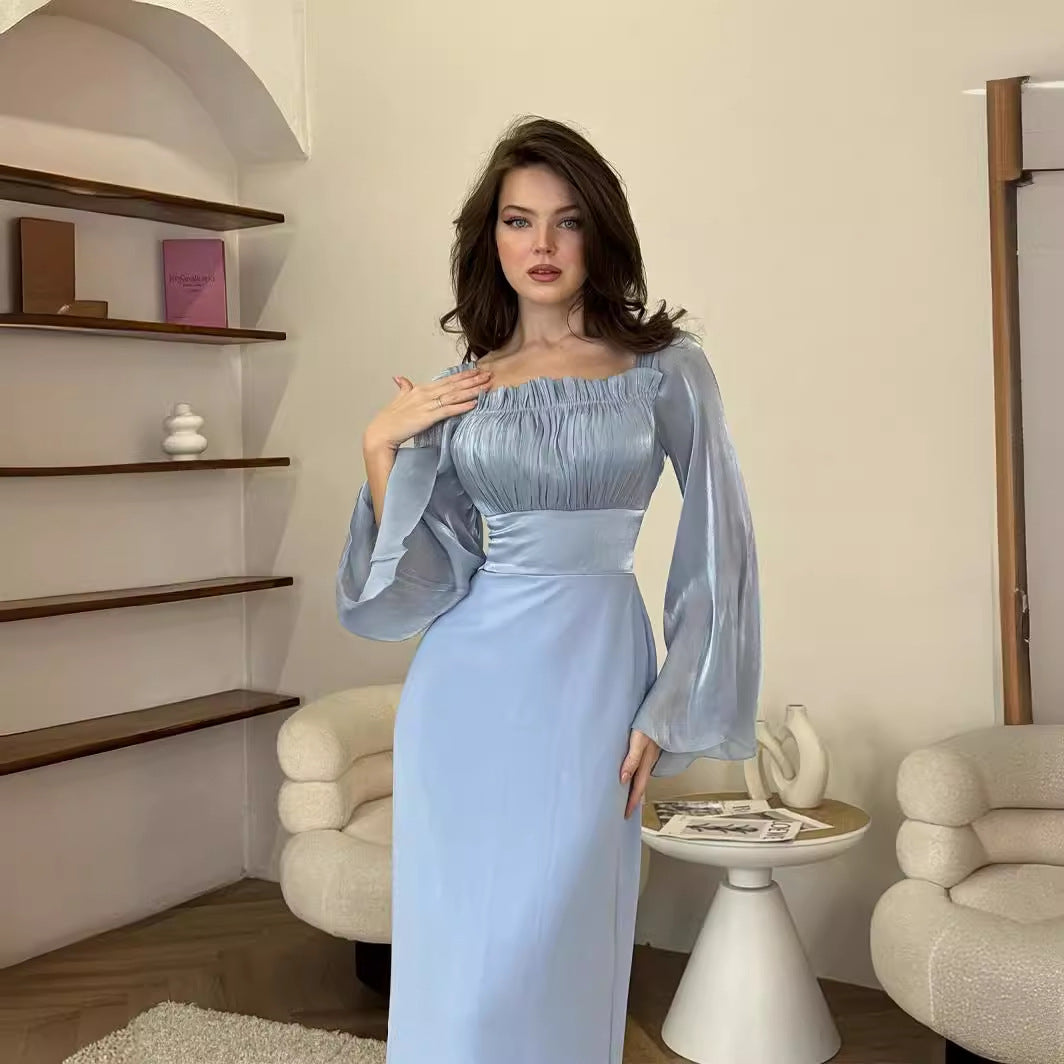 Square Neckline Panelled Pleated Dress
