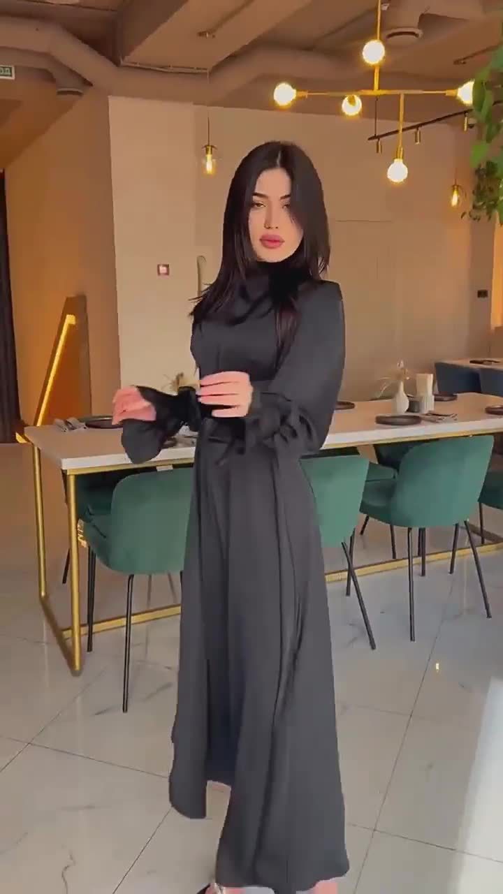 Satin Long-sleeved Waist-cinching Dress