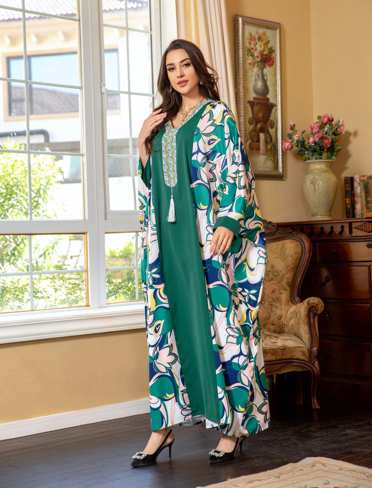 Elegant Long Sleeve Maxi Dress - Green