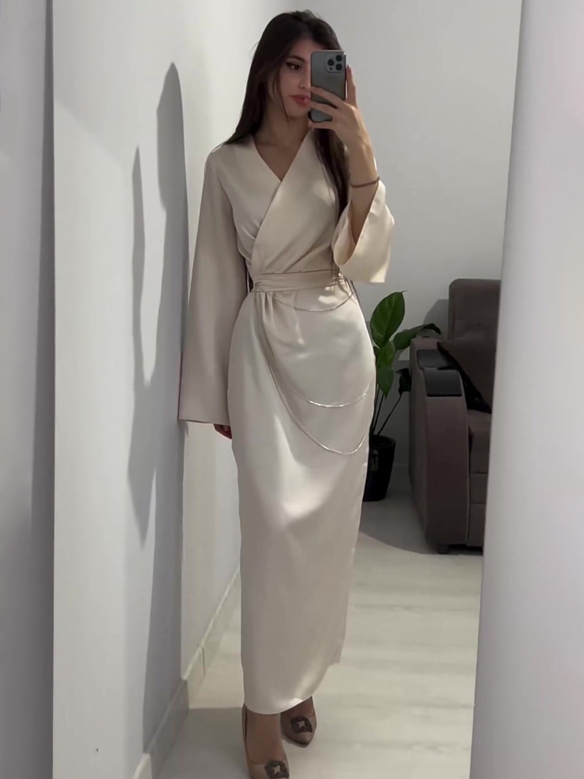 Long Waist-cinched Chain Satin Dress