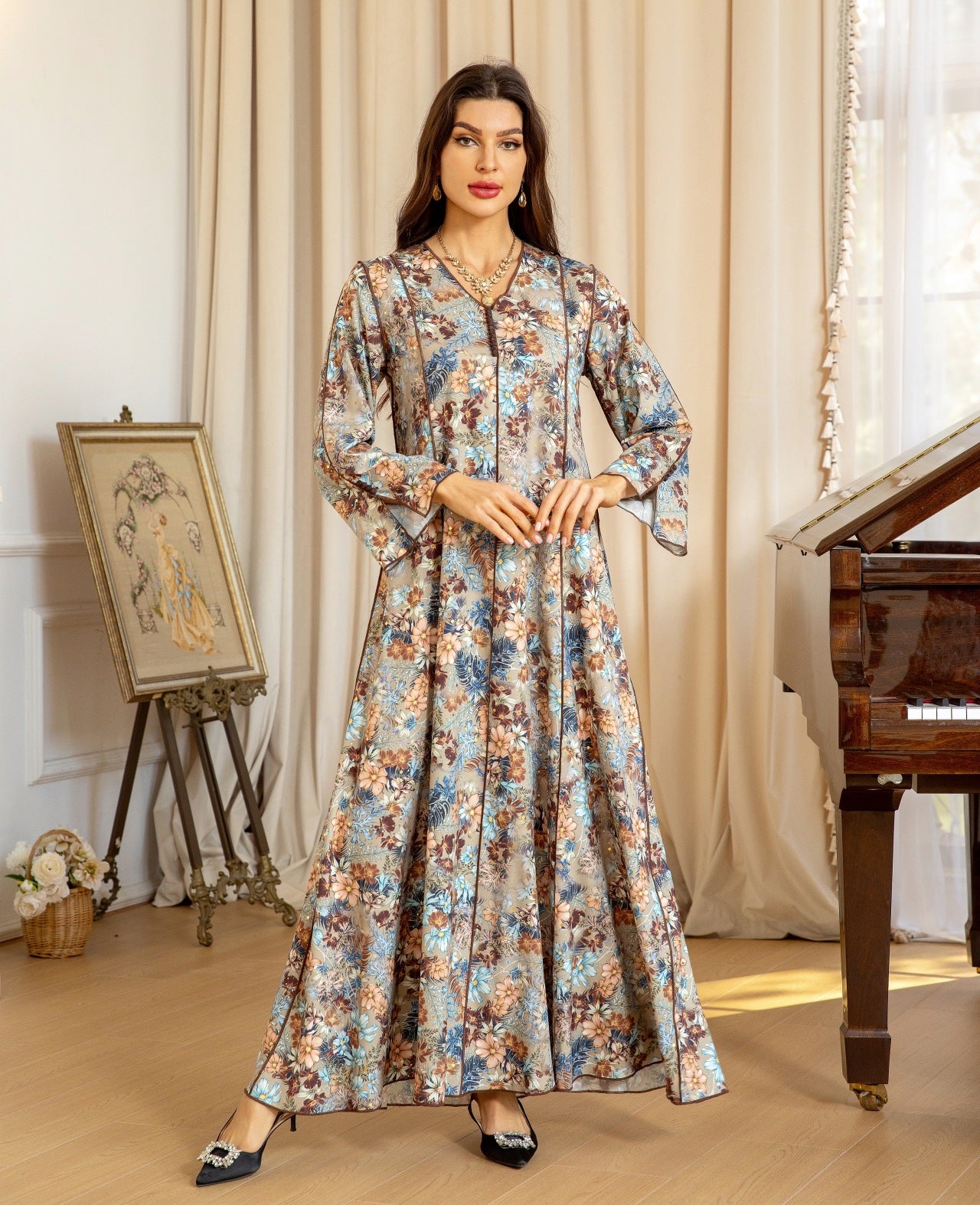 Elegant Floral Muslim Dress - Khaki