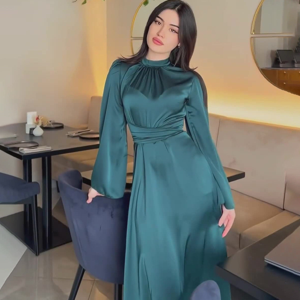 Solid Satin Waist Slimming Dress