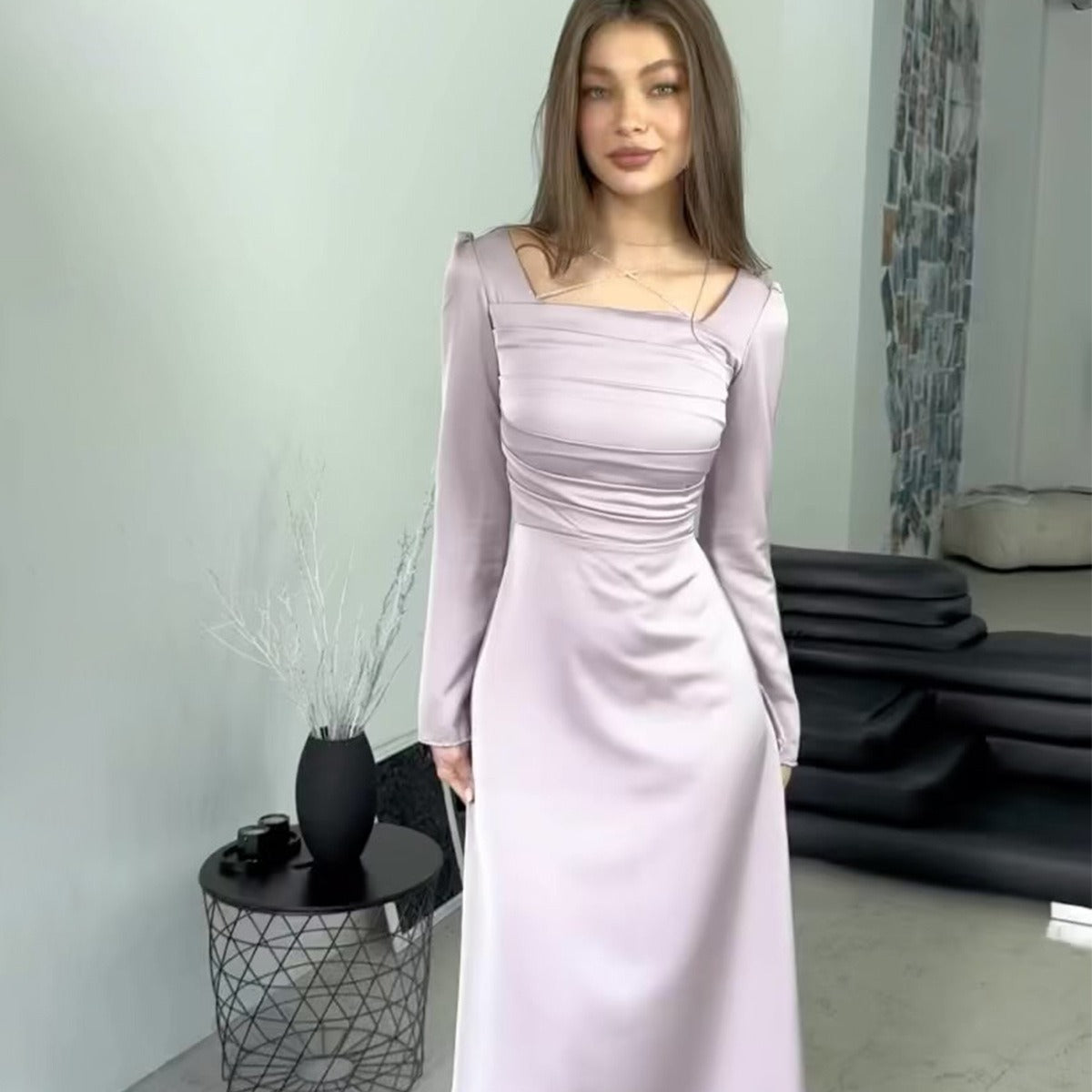 Diamond-encrusted Strappy Long-sleeved Satin Slim Dress