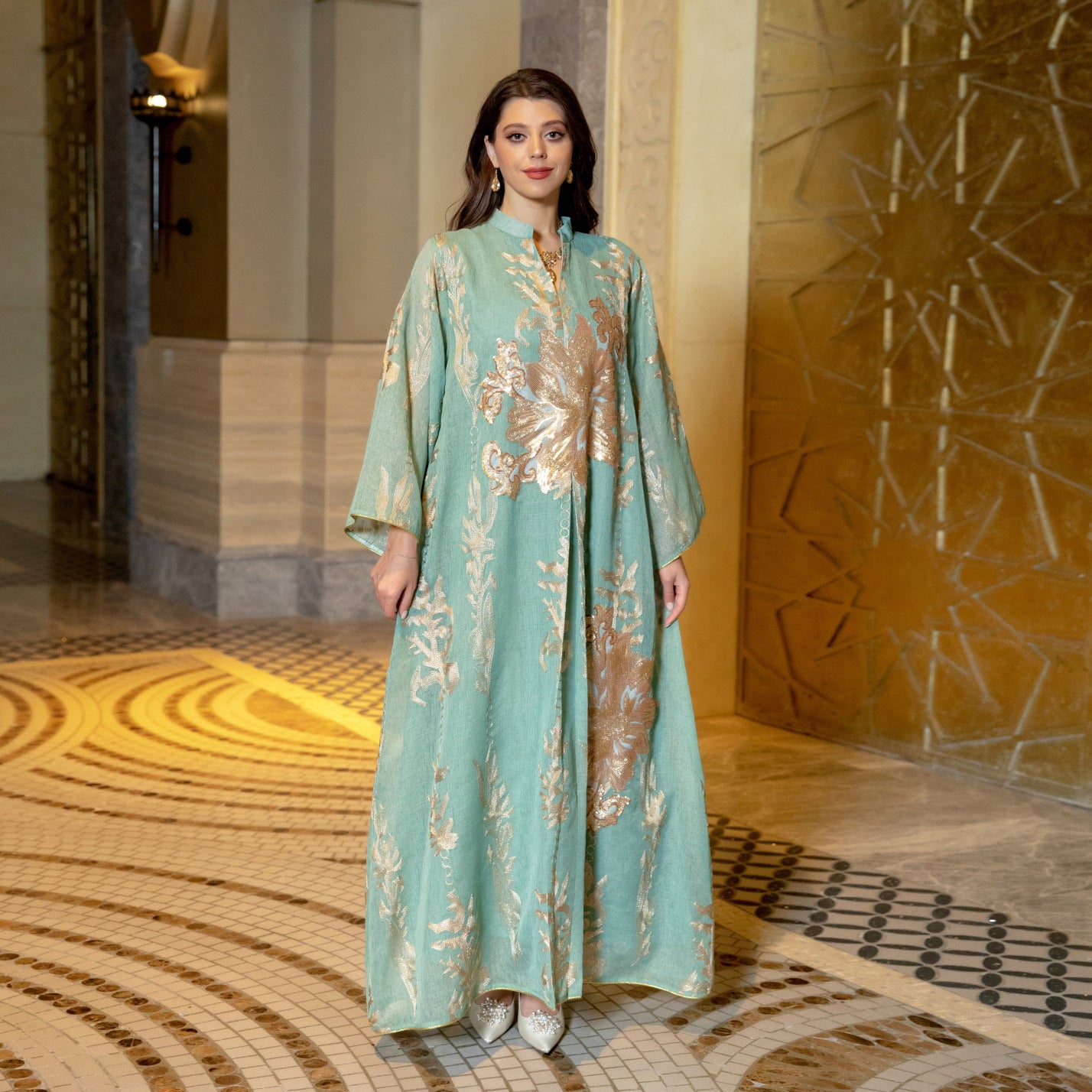 Luxury Gold Emboridered Patchwork Evening Dress - LightGreen