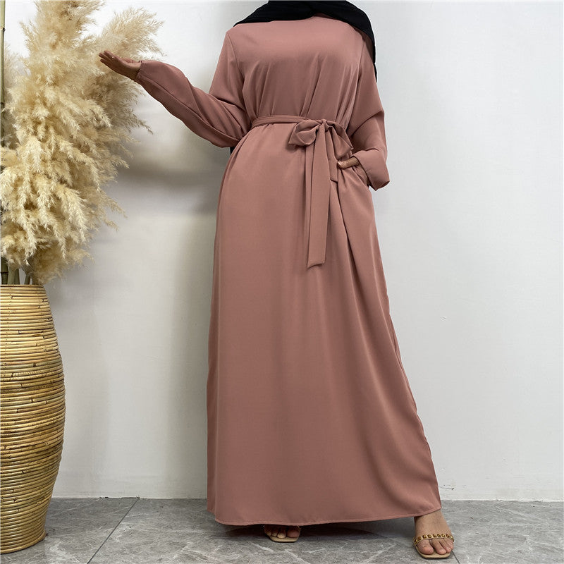 Women's Plain Lace-up Pocket Abaya Dress