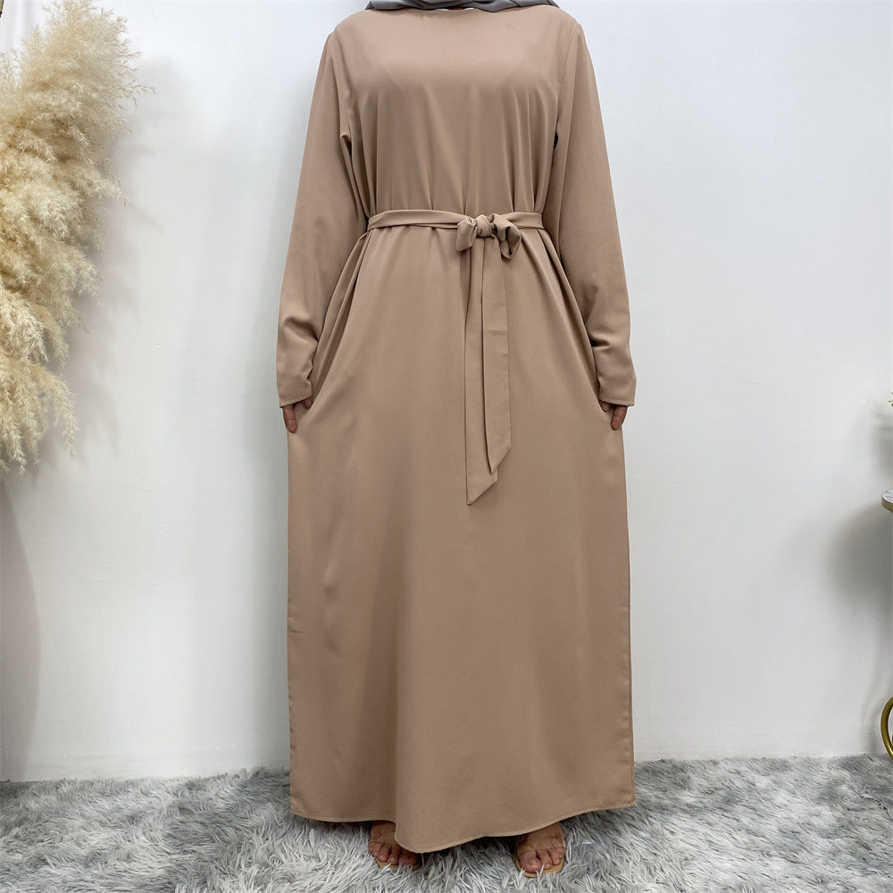 Women's Plain Lace-up Pocket Abaya Dress