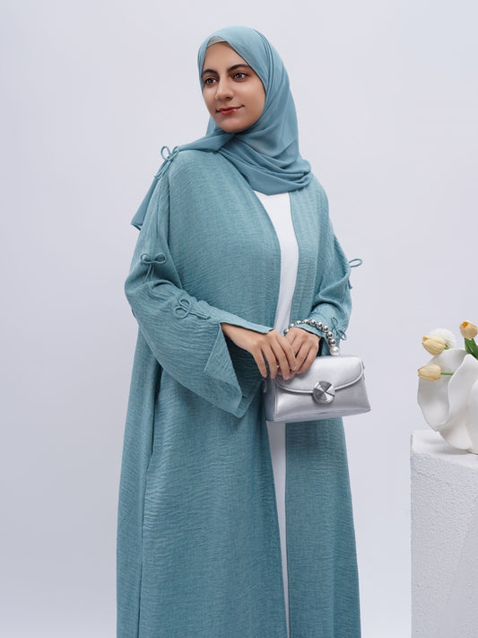 Elegant Textured Open Abaya with Bow Decortion