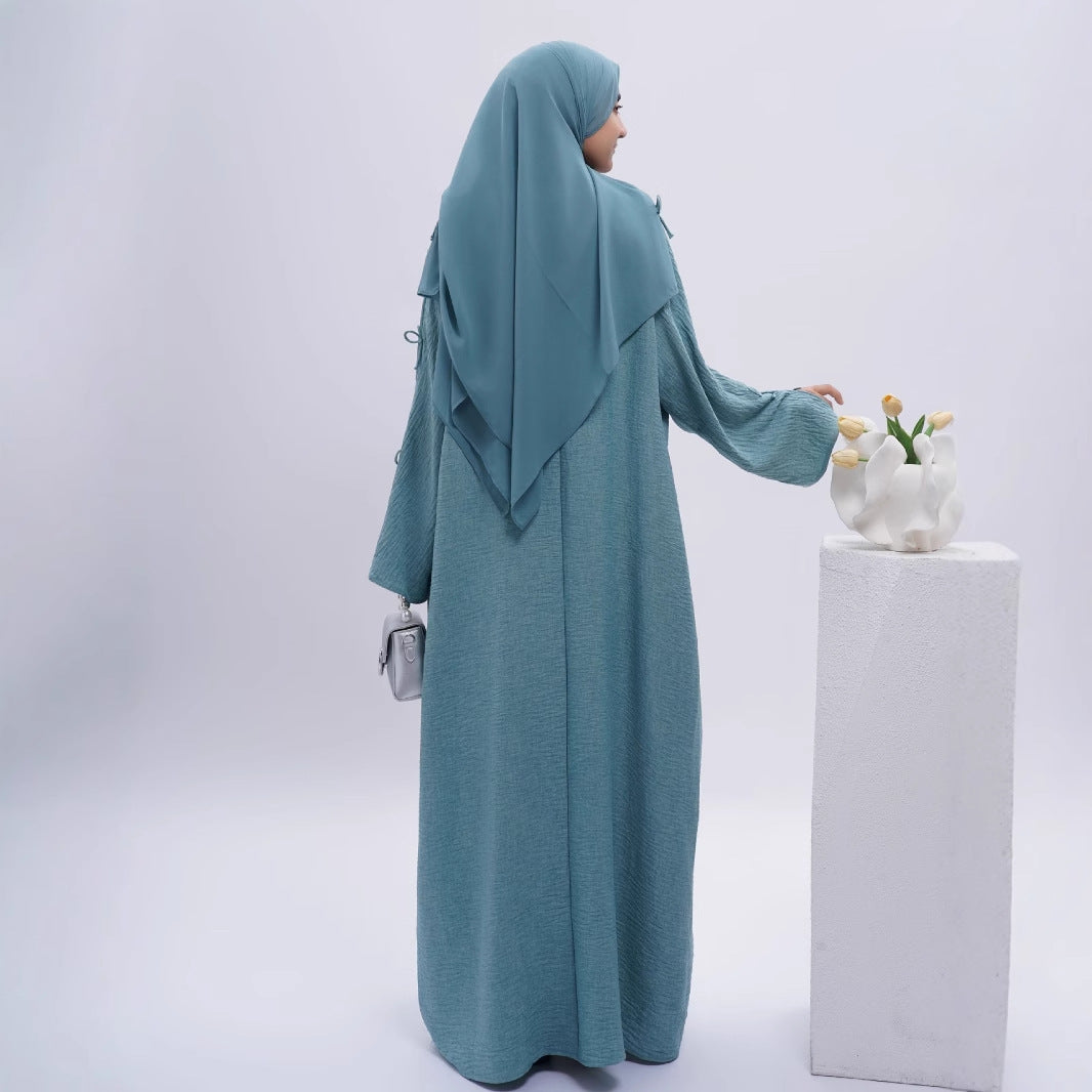Elegant Textured Open Abaya with Bow Decortion
