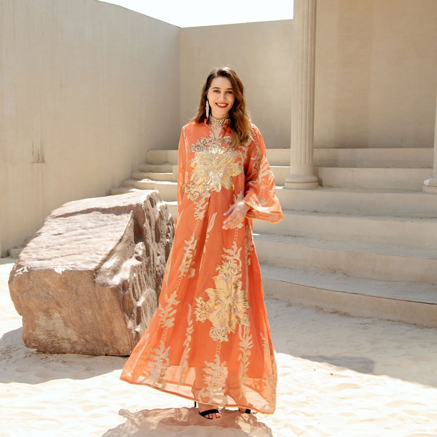 Luxury Gold Emboridered Patchwork Evening Dress - Orange