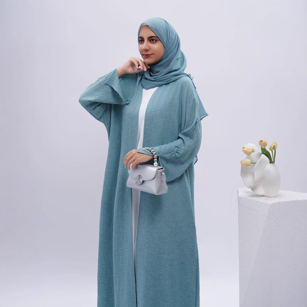 Elegant Textured Open Abaya with Bow Decortion