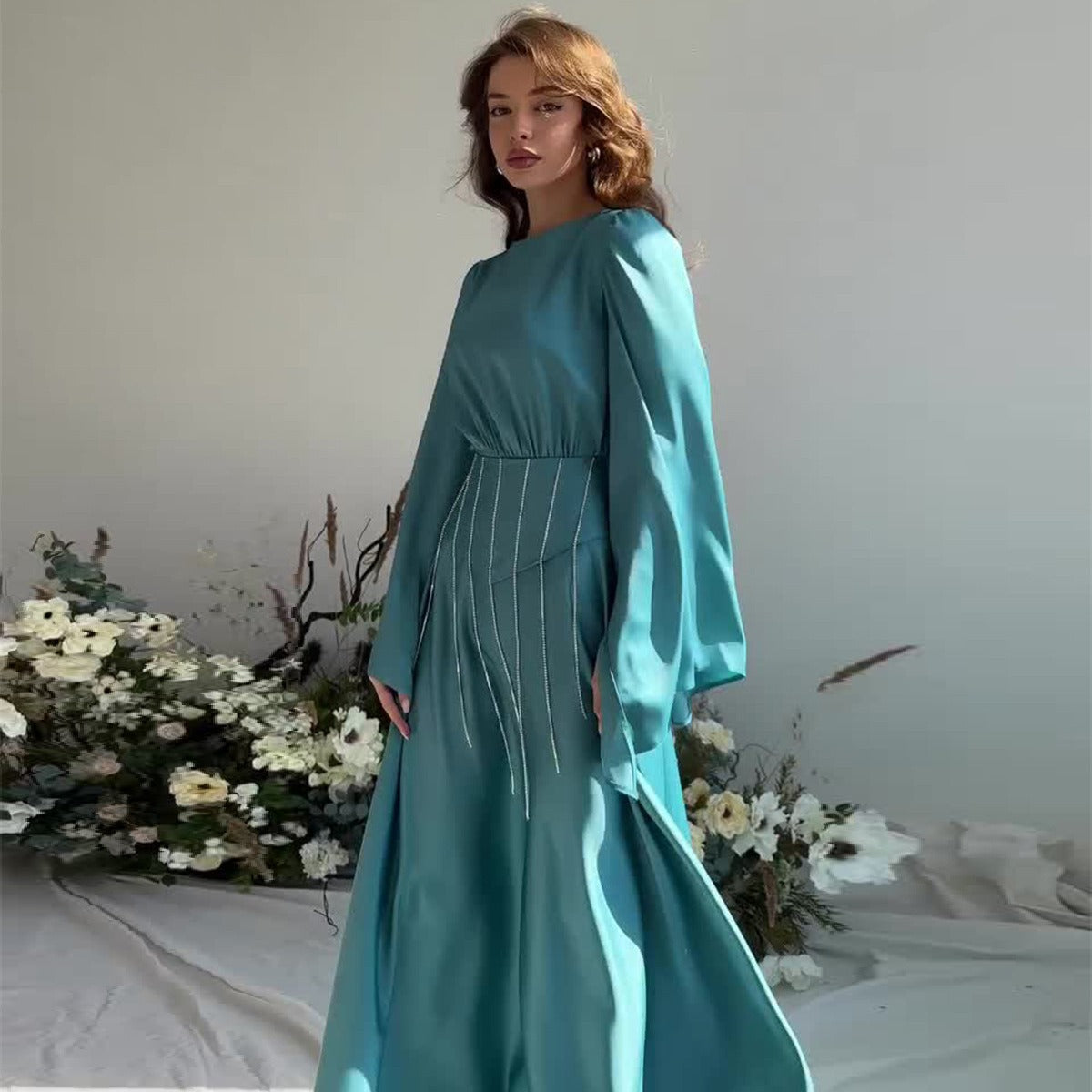 Loose-fitting Floral Satin Lace-up Dress