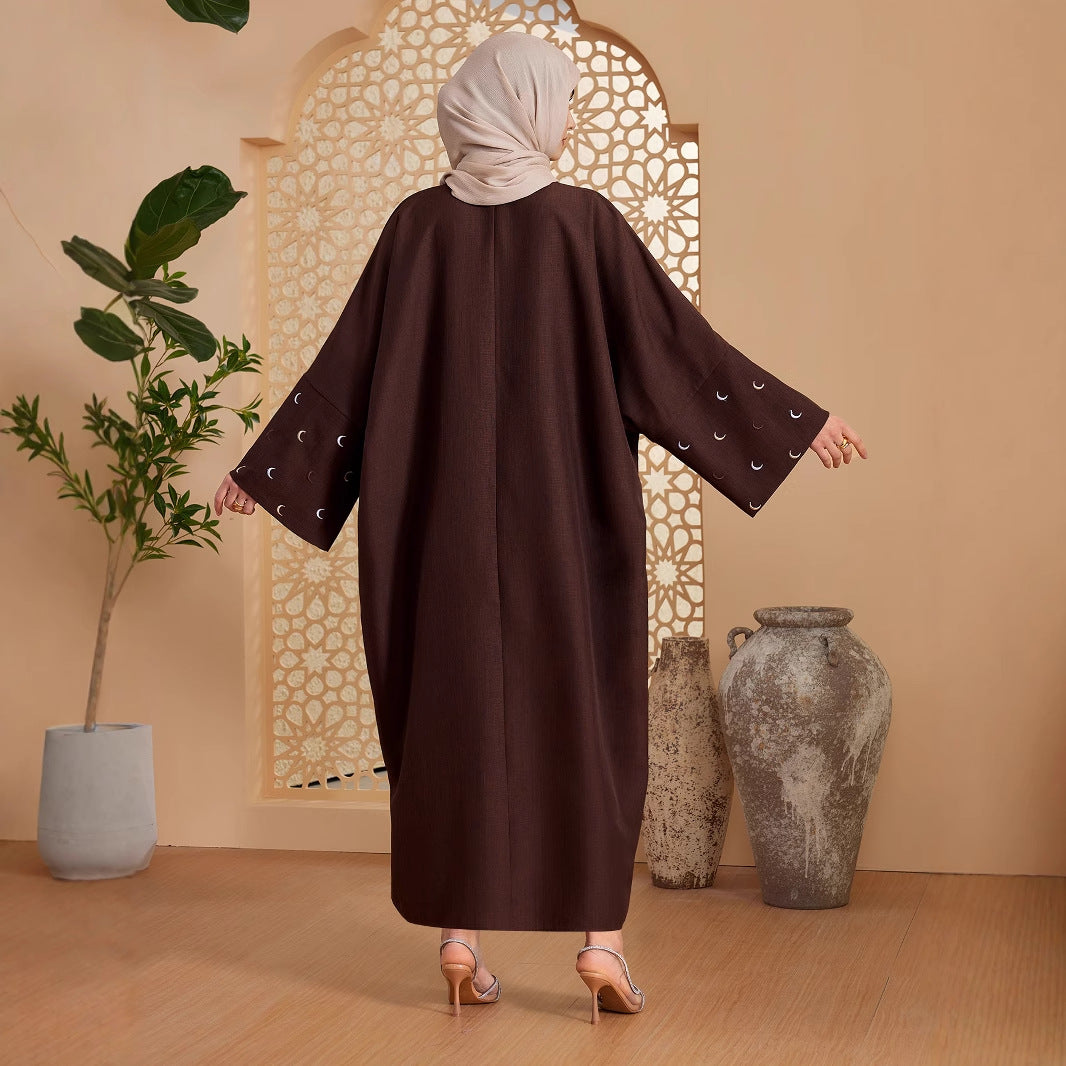 Solid Open Abaya with Moon Emboridery Cuff
