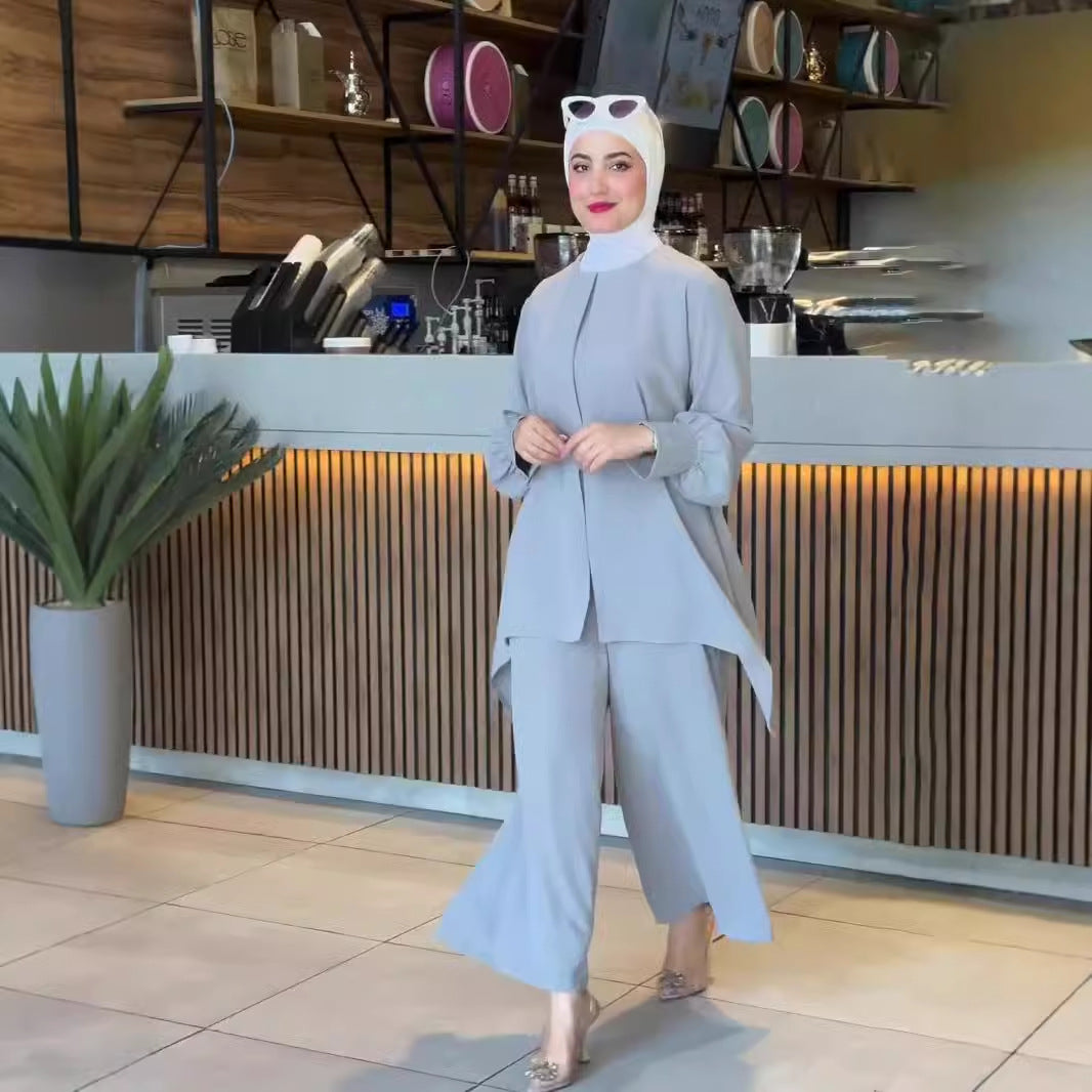 Women's Waist Cinched Bat Shirt Long-sleeved Solid Color Suit