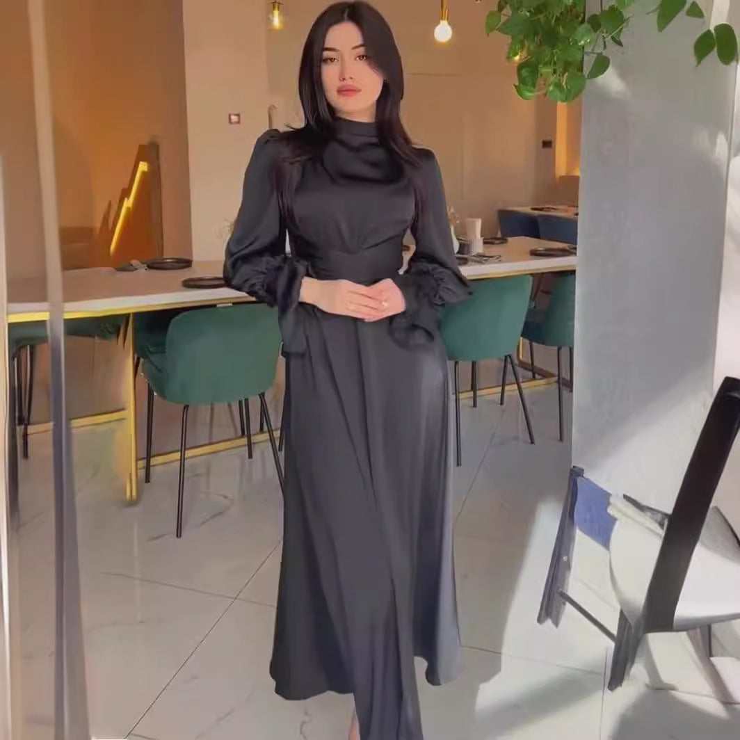 Satin Long-sleeved Waist-cinching Dress