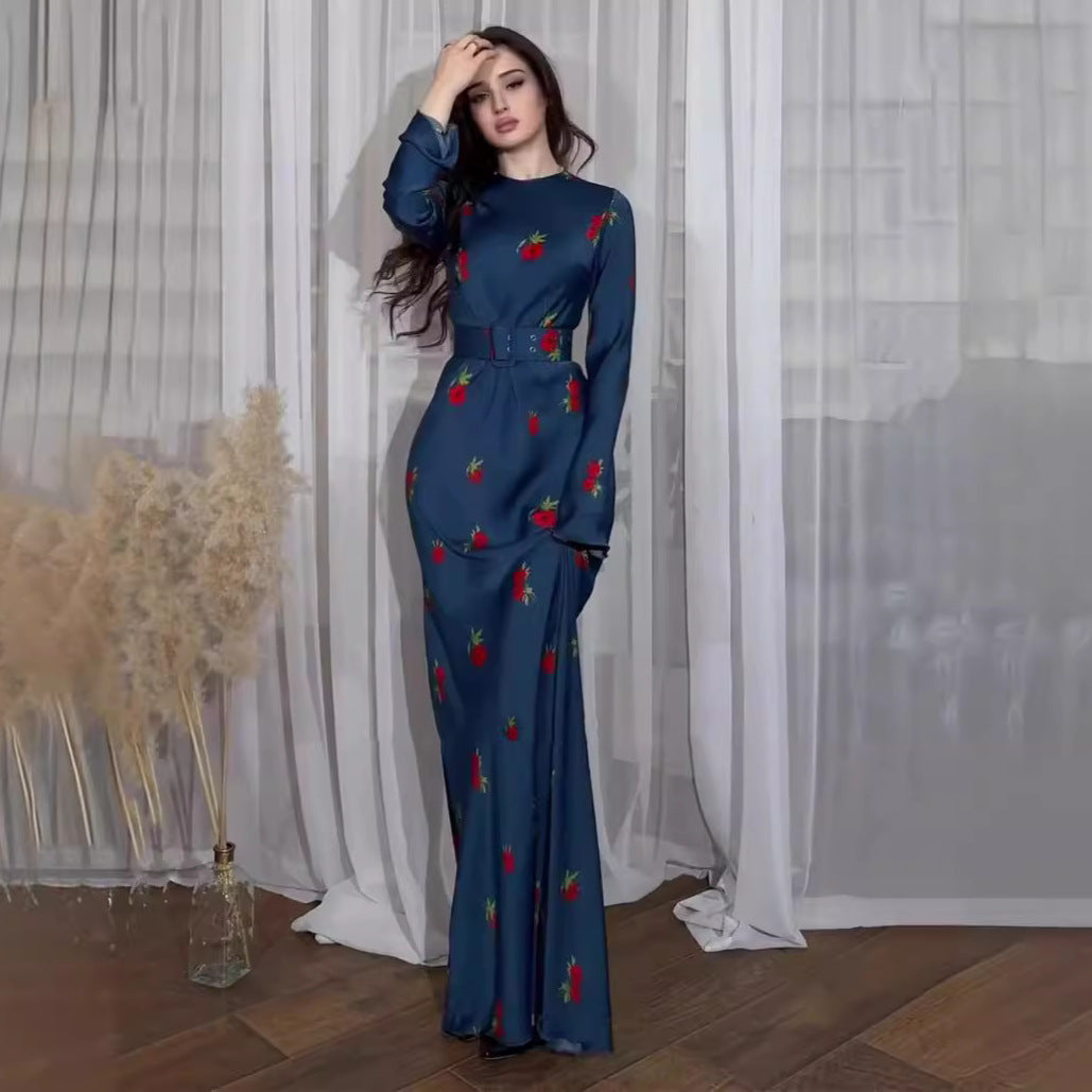 Crewneck Ice Silk Breathable Print Maxi Skirt