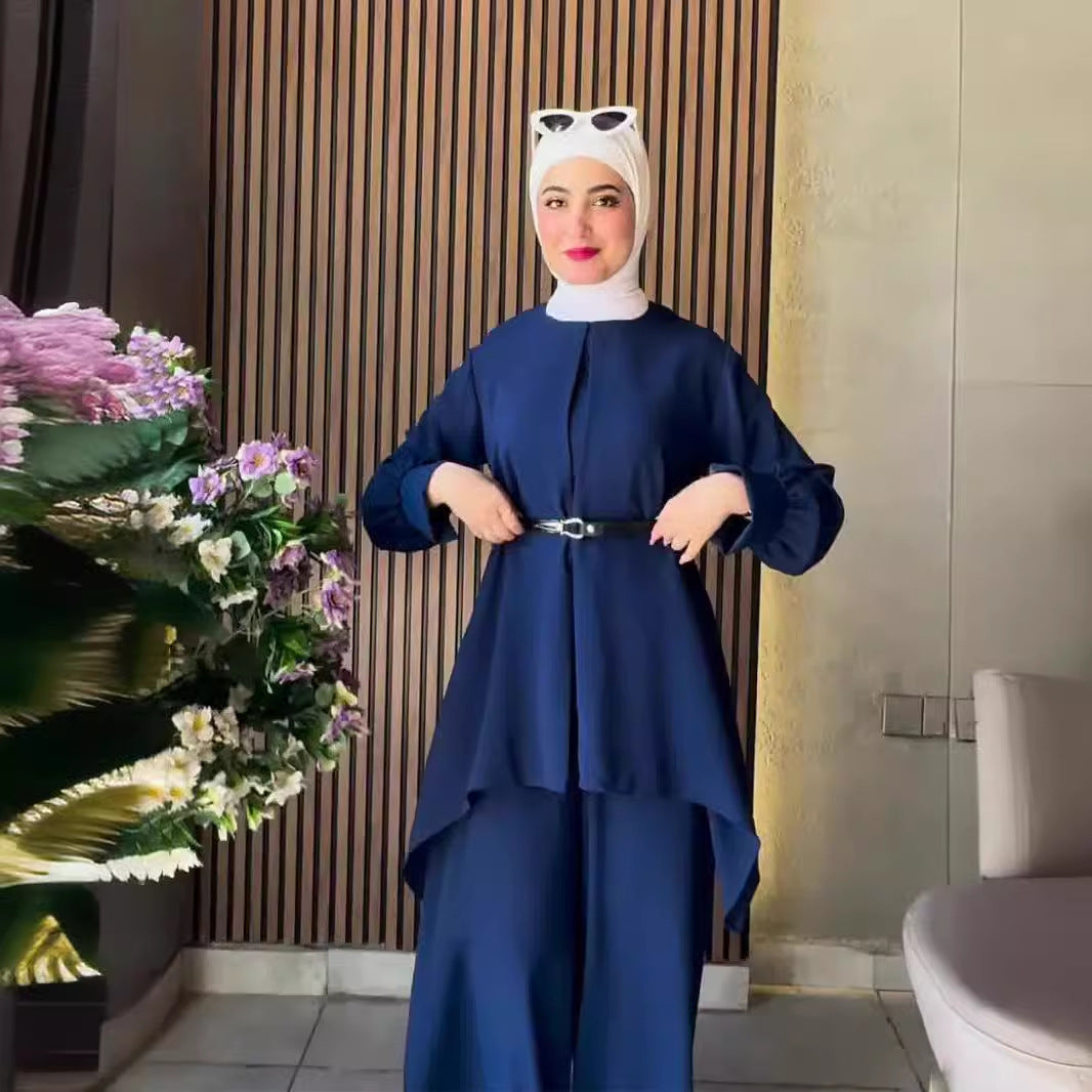 Women's Waist Cinched Bat Shirt Long-sleeved Solid Color Suit