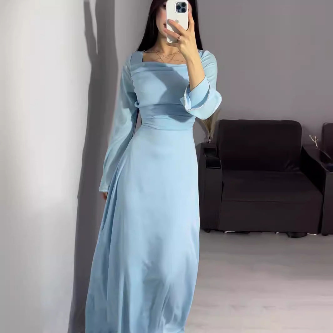 Diamond-encrusted Long-sleeved Satin Slim Dress