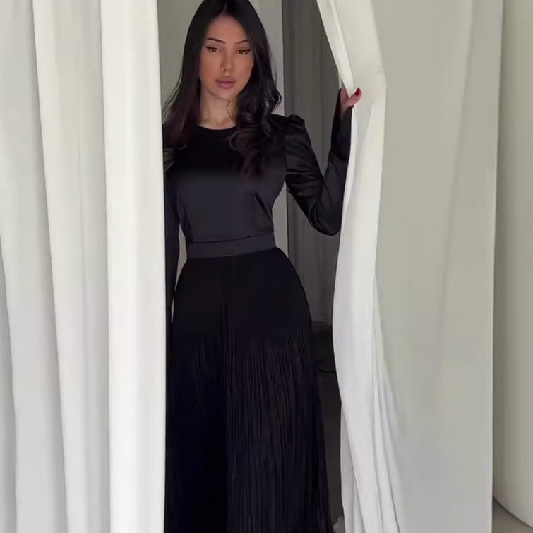 Pressed Waist-cinching Long-sleeved Oversized Dress