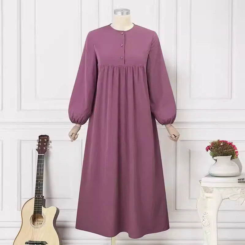 Women's Bubble Sleeves Loose Plain Modest Dress