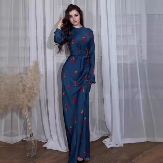 Crewneck Ice Silk Breathable Print Maxi Skirt